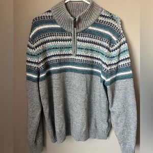 Lands End Men's Gray Fair Isle 1/4 Zip Sweater L Wool Blend Warm Winter Knit